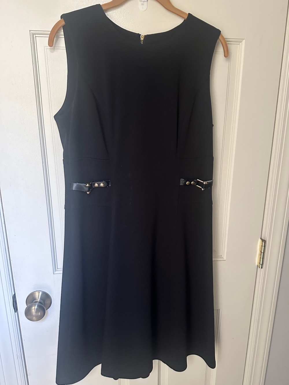 Calvin Klein Timeless black Sleeveless Fit-and-Flare Dress with gold tone buckle